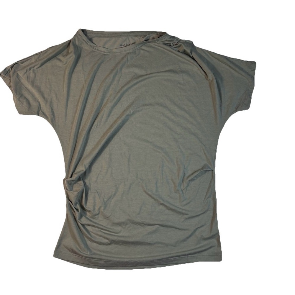 Athleta Womens Essence Pleated Ruched Tee Shirt Small Olive Green Stretch Active - Picture 2 of 7